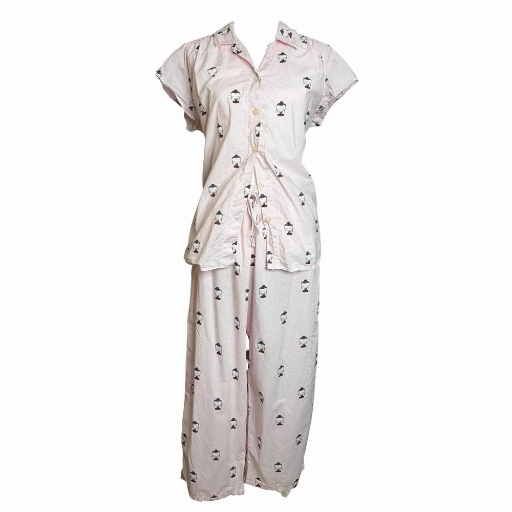 The Cats Pajamas Set L Pink Buddha Print 100% Cotton Button Top Pants